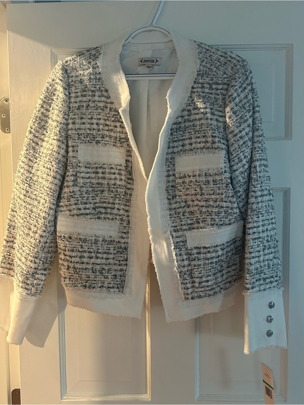 Nanette Lepore Cream and Gray Tweed Open-Front Jacket